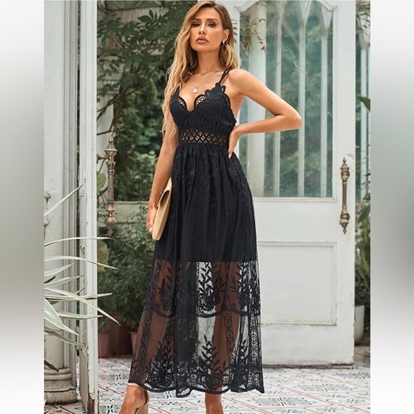 Sexy Long Maxi Black Lace Dress Size Large - Picture 1 of 15